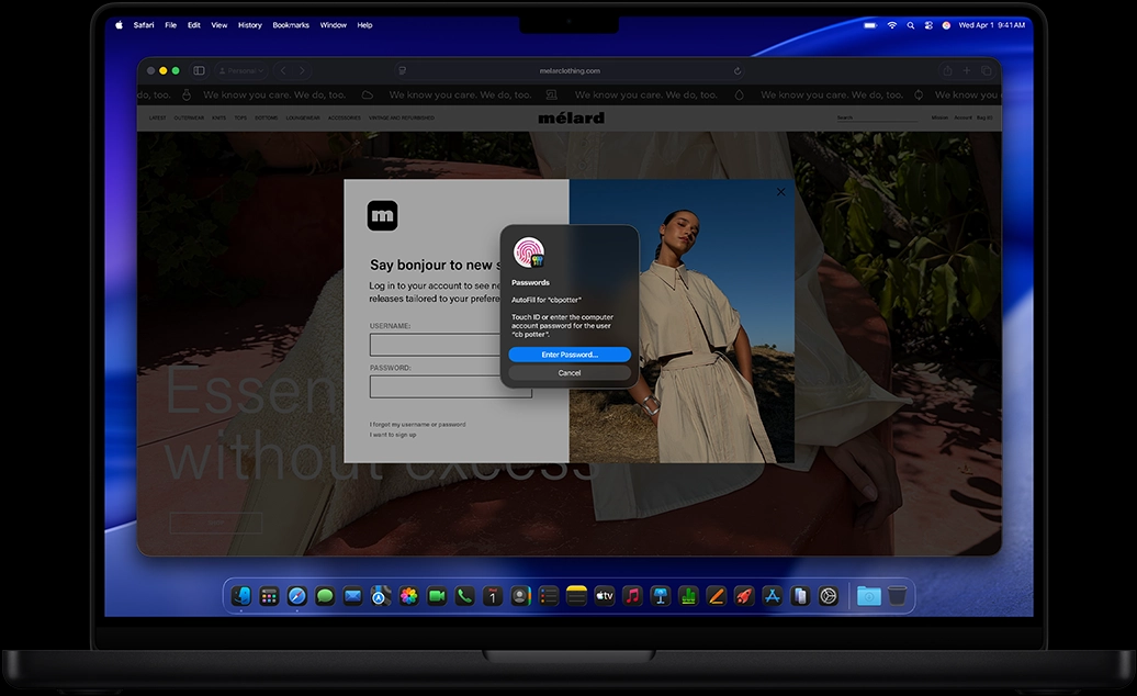 太空黑色 MacBook Pro，展示 Safari 與提示使用者使用 Touch ID 登入網站的密碼 app