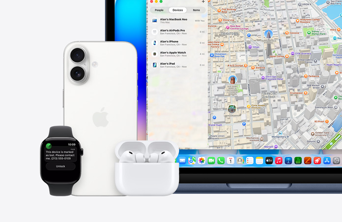 Apple Watch, на екрані написано «Цей пристрій позначено як загублений, будь ласка, звʼяжіться зі мною» з номером телефону, поруч із iPhone, AirPods Pro та MacBook Neo кольору «індиго», на екрані відображається функція «Локатор» з картою та переліком пристроїв з їхнім місцем розташування