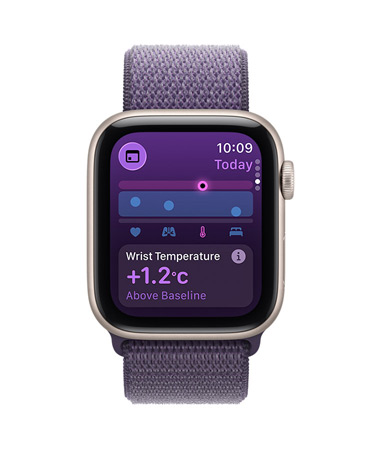 Apple Watch SE 3, aluminium case, starlight colour, wrist temperature metrics, right side exterior, Digital Crown, Sport Loop, purple fog colour