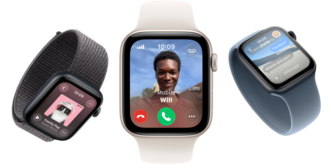 Apple Watch SE 3 devices, aluminium cases, starlight and midnight colours, Sport Loop, dark grey colour, Solo Loop, light blush colour, Solo Loop, anchor blue colour, screens: Apple Music, incoming call, Messages