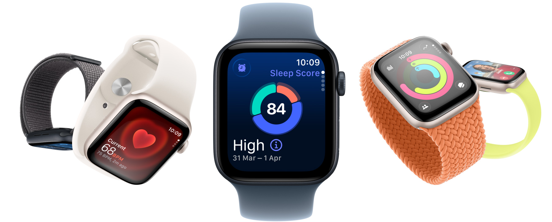 Apple Watch SE 3 with aluminium cases available in starlight and midnight colours, featuring apps such as Vitals, Heart Rate, sleep score, Activity rings and incoming call