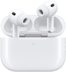 AirPods Pro 3 ve MagSafe Şarj Kutusu (USB-C), köşeleri yuvarlatılmış şarj kutusunun dış görünümü, LED pil gücü göstergesi, şarj kutusunun kapağı açık, beyaz renk, silikon kulaklık uçlarına sahip kablosuz kulaklık, iç kısımda L veya R harfi bulunan alt uçlar