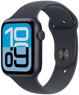 Apple Watch SE 3, caja de aluminio, color medianoche, carátula Flujo, parte lateral derecha, Digital Crown, micrófono, botón lateral, correa deportiva color medianoche, cierre de encastre color plata