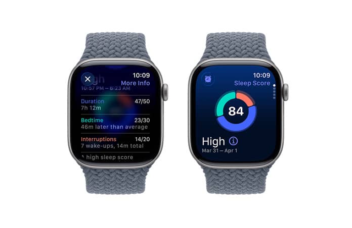 Apple Watch Series 11，太空灰色鋁金屬錶殼，展示睡眠分數通知；右側外觀展示數碼錶冠，配搭錨鐵藍色編織單圈手環