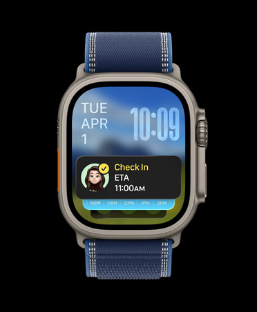 Apple Watch Ultra 3, finition noire, boîtier en titane, notification d’Accompagnement sur le dessus de la pile de Défilement intelligent, Boucle Trail, coloris bleu/bleu vif
