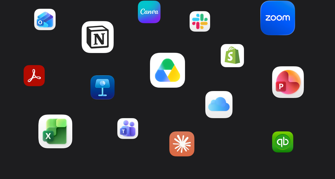 深色背景上散布著多款 app 圖像，包括 Microsoft Teams、Microsoft Excel、Canva、Shopify、Microsoft Powerpoint、Claude、Zoom、Notion、Keynote、Slack、Salesforce、Quickbooks、Google 雲端硬碟、Acrobat Reader 與 Microsoft Outlook