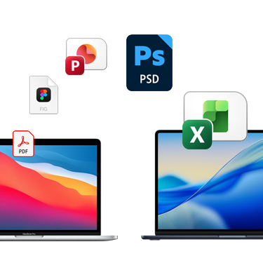 Vista frontal de dos MacBook, una al lado de la otra, con diferentes fondos de escritorio coloridos. Se muestran unos íconos de archivos en forma de arco sobre las MacBook. Estos incluyen un archivo de Acrobat, uno de Figma, uno de PowerPoint, uno de Photoshop y uno de Excel.