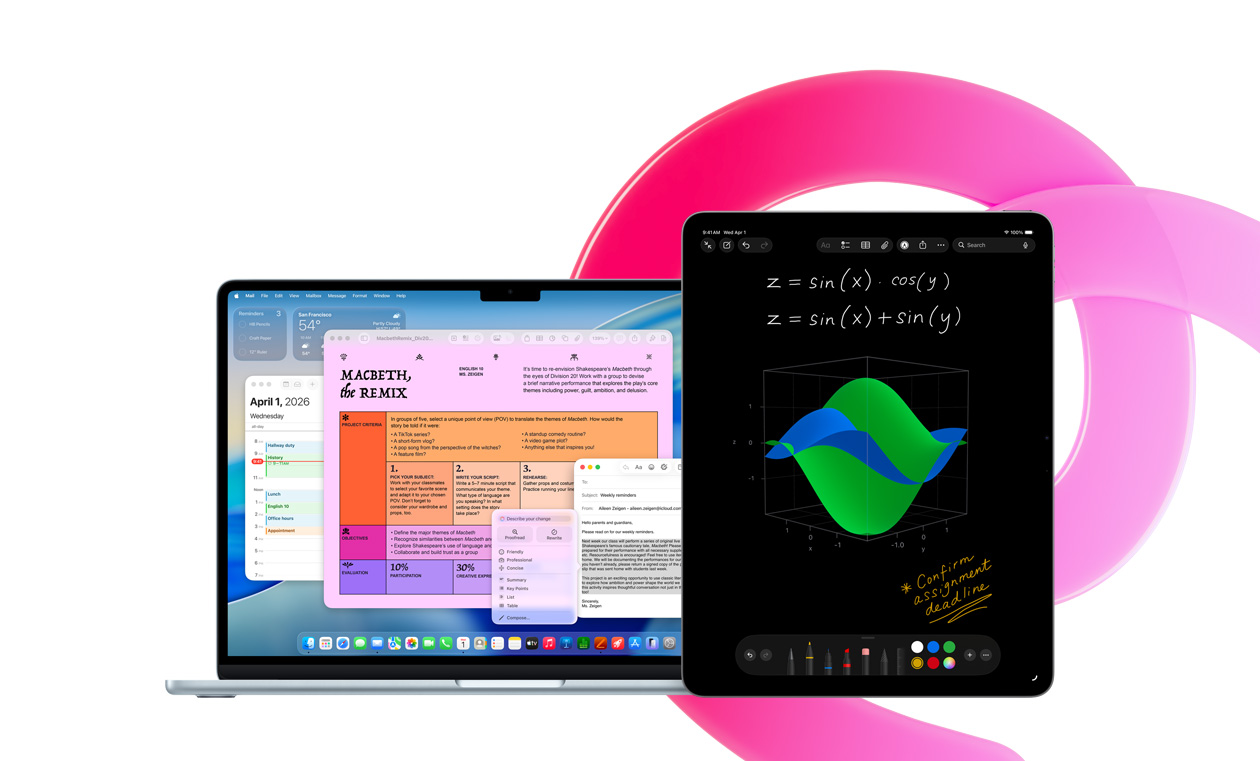 Pages、カレンダー、アラート、メールが表示されているMacBook Air。その隣には計算メモで手書きの数式が表示されているiPad。内蔵アプリによる生産性向上を示している