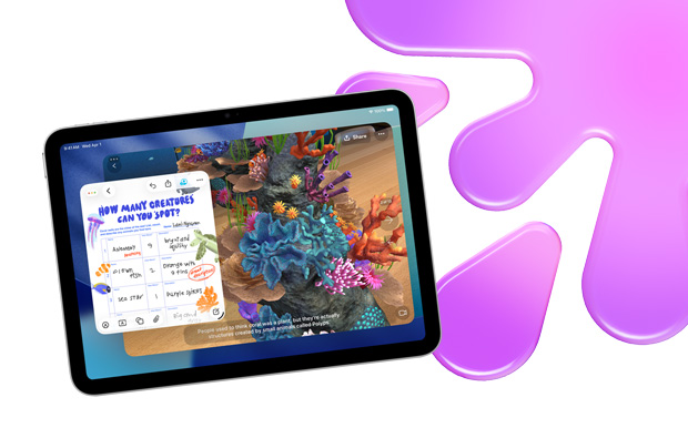 フリーボードとJigSpaceを使ったグラフィカルな水族館スカベンジャーハントが表示されているiPad。創造性を高める機能を紹介している