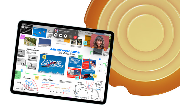 「Aerodynamics」や「Flying on Skis」など、フリーボード内で様々なトピックやスケッチが表示されているiPadの画面