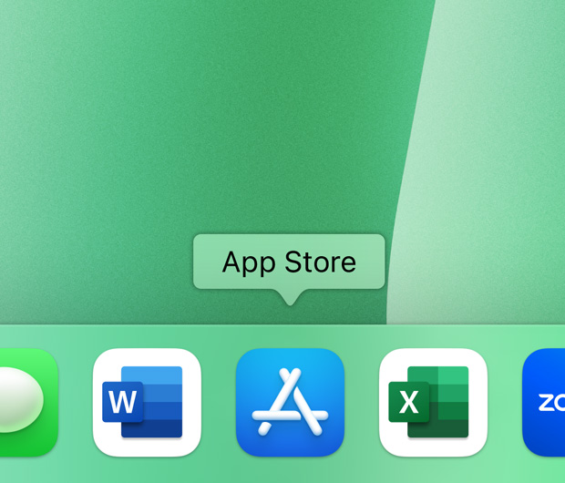 El dock del iMac muestra los íconos de las apps Contactos, Microsoft Word, App Store, Microsoft Excel y Zoom