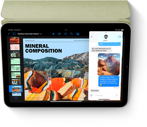 iPad mini في وضع أفقي يعرض تطبيق Keynote وتطبيق الرسائل باستخدام العرض المتراكب.