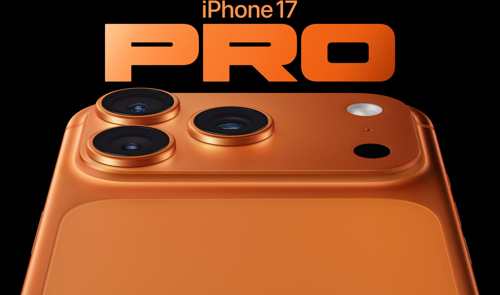 iPhone 17 Pro, kosmiski oranža apdare, daļējs sānskats, pro kameru sistēma augšējā kreisajā stūrī, 3 objektīvi, mikrofons, zibspuldze