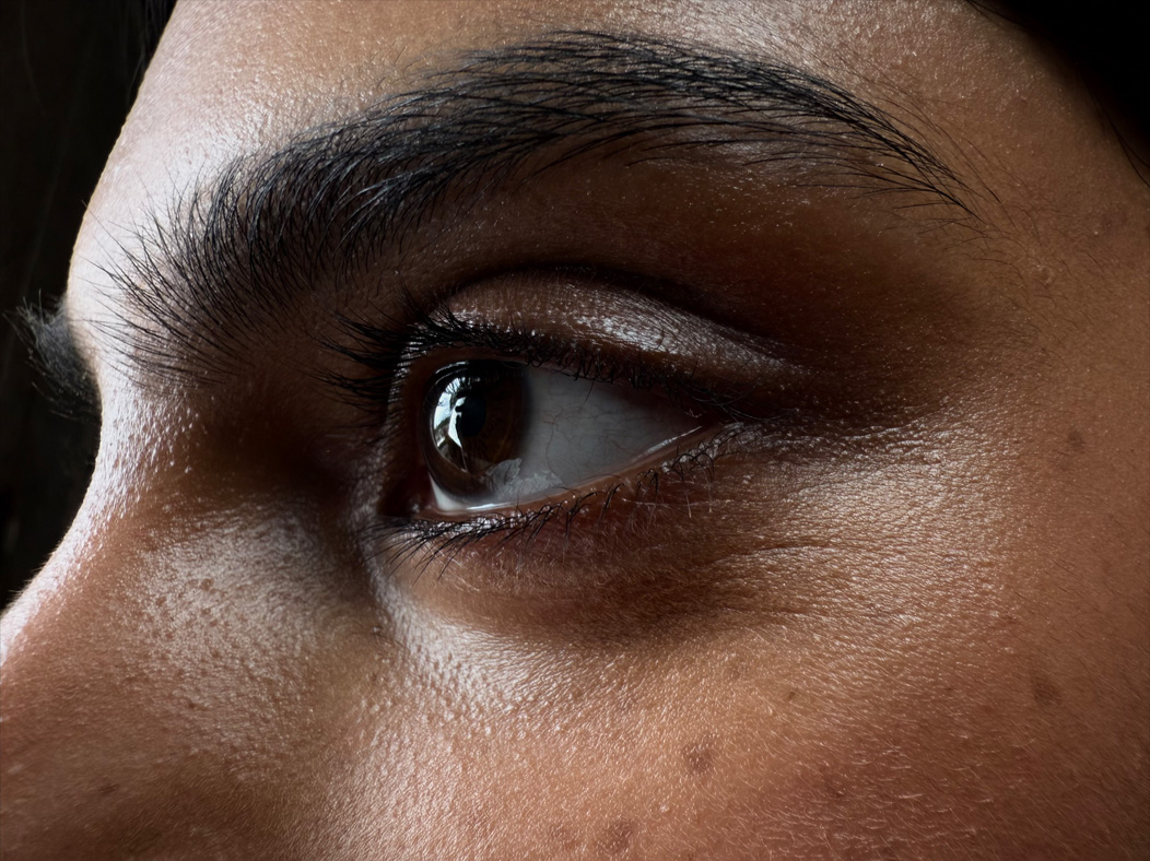 Photo d’une femme dans une pièce vide. Gros plan sur le visage d’une femme, mise au point sur les yeux. L’app Appareil photo change de distance focale pour illustrer les capacités du système caméra pro, mettant en valeur: Macro