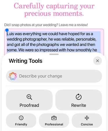 Функцията Инструменти за писане в процес на използване с опциите Proofread, Rewrite, Friendly, Professional и Concise