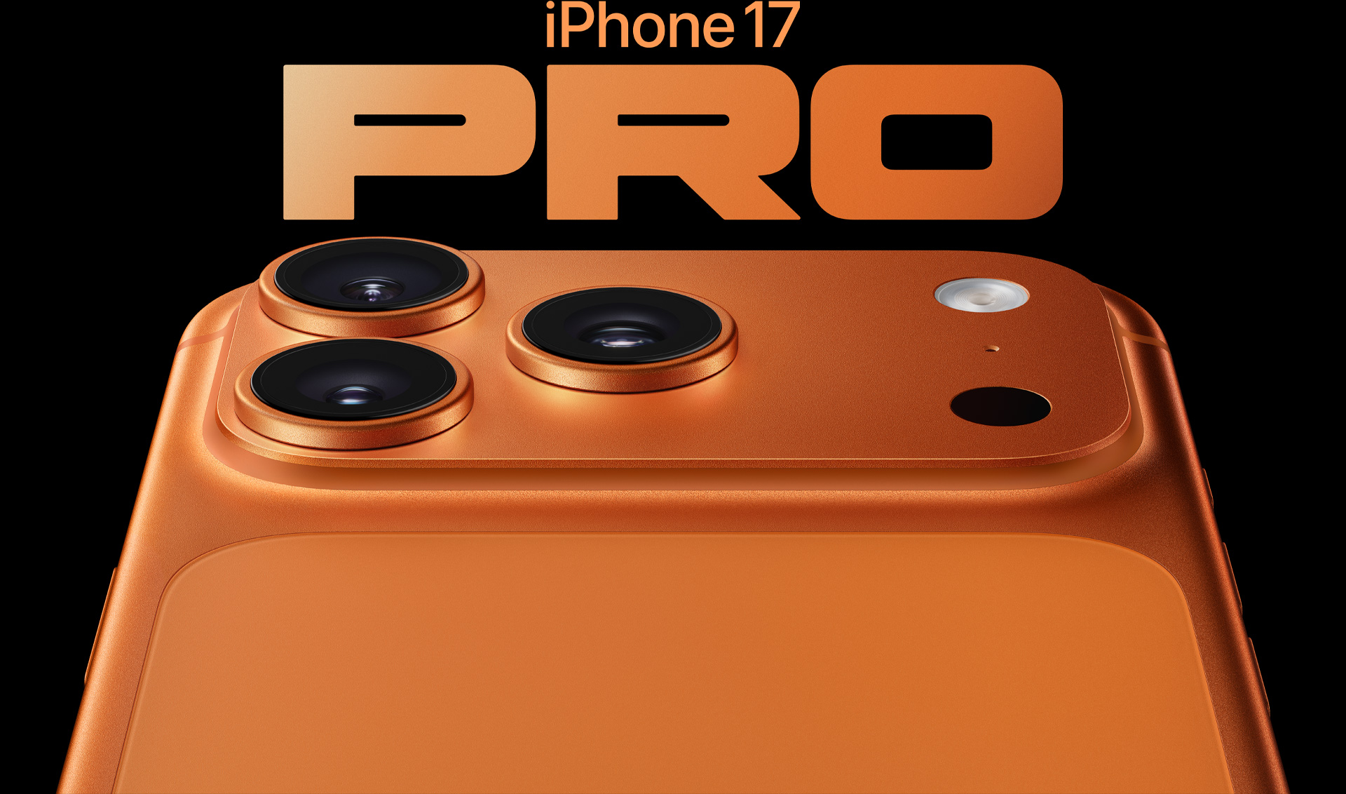 iPhone 17 Pro, космическо оранжево, частичен екстериорен изглед отзад, Pro система камери горе вляво, 3 обектива, микрофон, светкавица