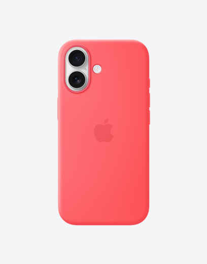 iPhone 17, заден екстериор със силиконов кейс в Bright Guava, Fusion система камери горе вляво, в центъра лого на Apple