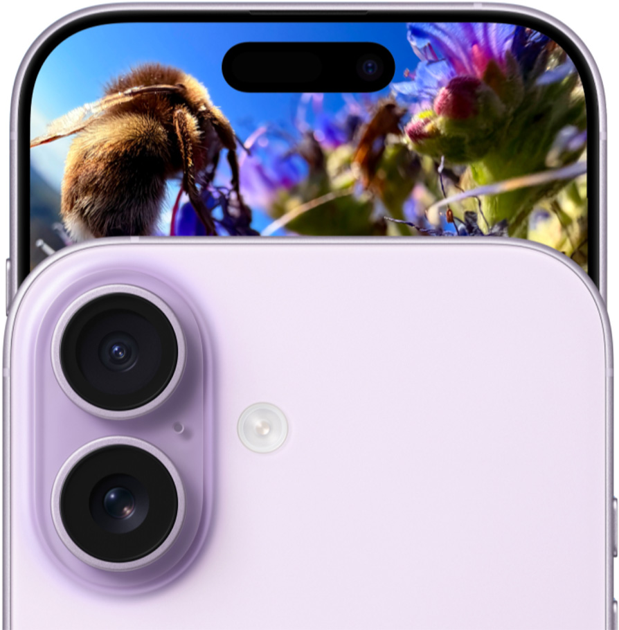 iPhone 17, преден екстериор с Dual Fusion система камери, заден екстериор, цвят лавандула