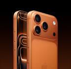 iPhone 17 Pro, цвят космическо оранжево, заден екстериор под ъгъл, Pro Fusion система камери в плато горе, бутон за Управление на камерата, цял екран отпред, бутони Действие и сила на звука