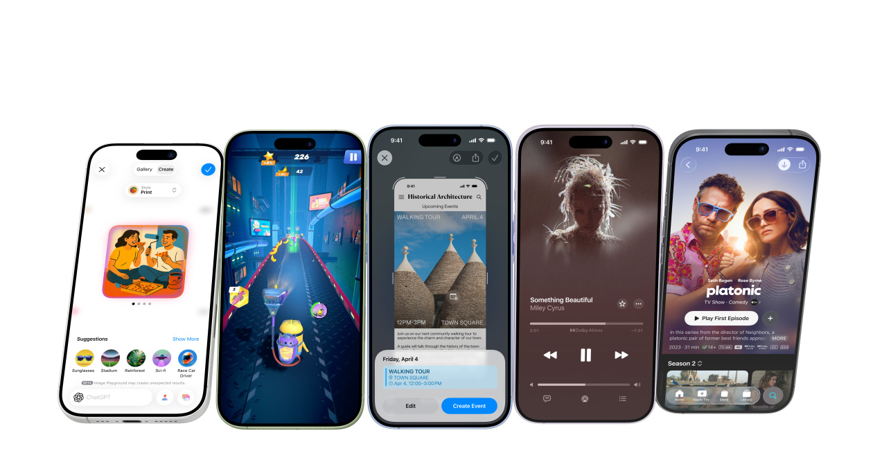 iPhone 17 устройства в различни цветове, екраните показват различни приложения