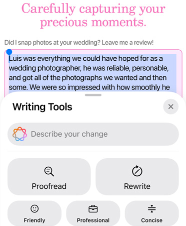 Функцията Writing Tools в процес на използване с опциите Proofread, Rewrite, Friendly, Professional и Concise