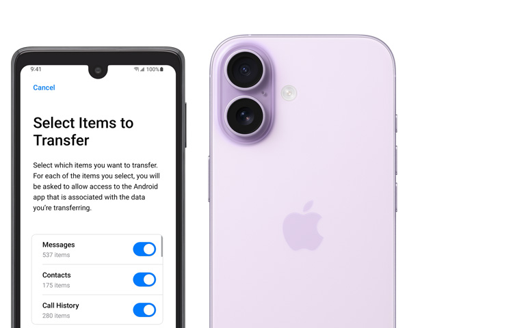 Egy androidos telefon, melynek kijelzőjén a Váltás iOS-re app látható, mellette egy iPhone 17 Pro hátulnézetből, a bal felső sarkában a fejlett duplakamera-rendszerrel