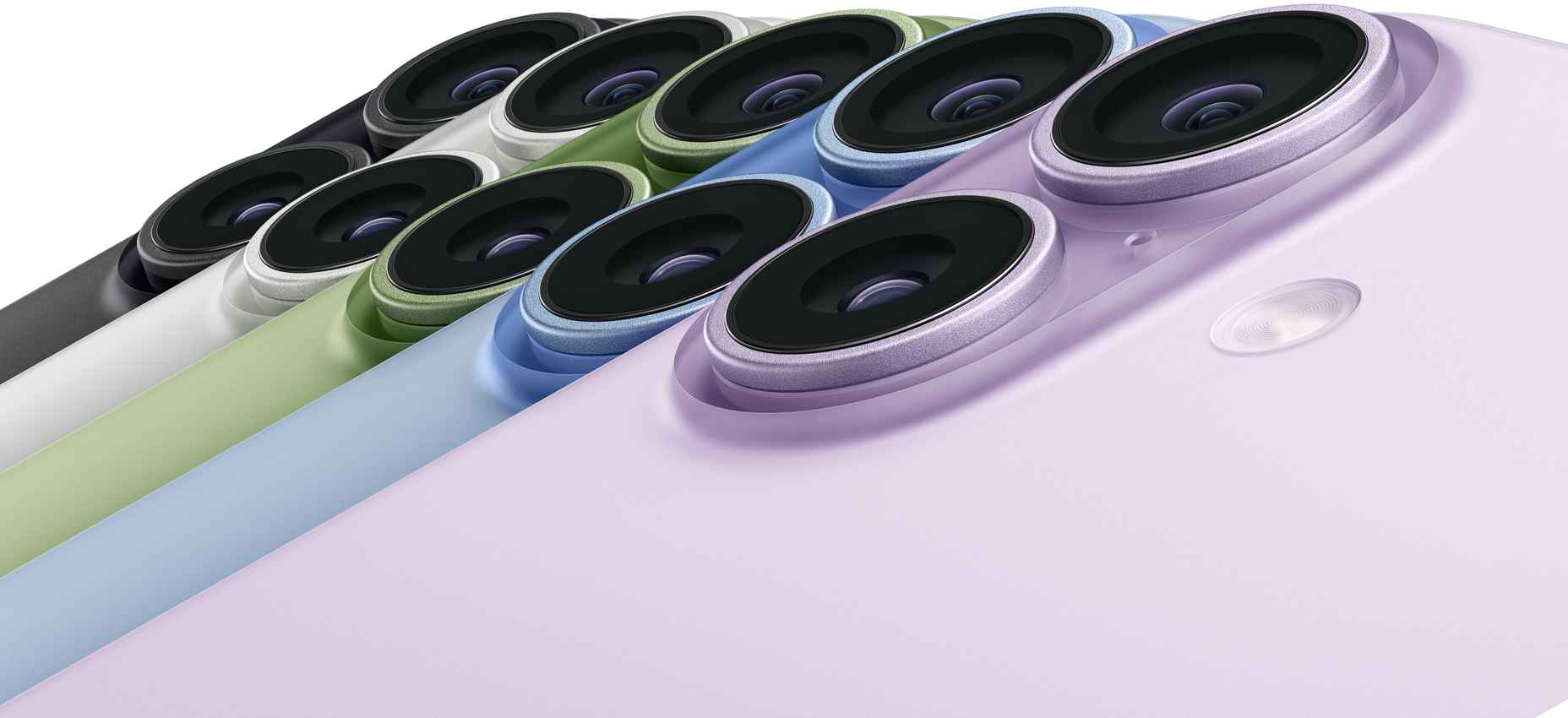Năm thiết bị iPhone 17, vỏ ngoài mặt sau, góc trên cùng bên trái, camera Fusion, các màu: đen, trắng, xanh lá xô thơm, xanh lam khói, tím oải hương