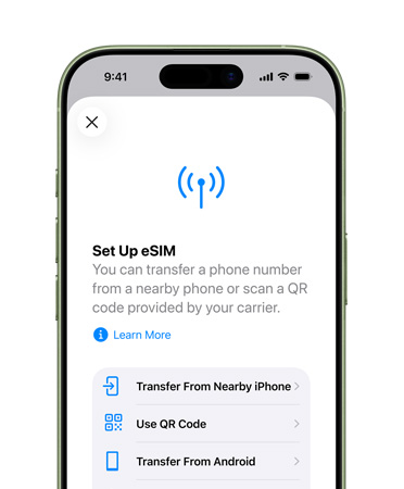 iPhone 17, Vorderseite, mit dem Feature „Mobilfunk konfigurieren“, um eine Telefonnummer mit eSIM einfach zu übertragen