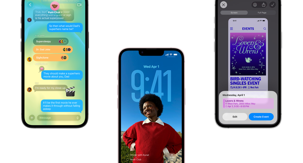 Három iPhone 17e készülék, rajtuk az Üzenetek app a Liquid Glass dizájnnal, a dinamikus zárolási képernyő, illetve a képernyőfotó funkció naptári eseménnyel való használata