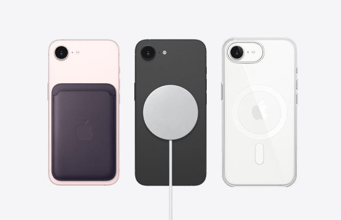 iPhone 17e, parte trasera, color rosado pálido, billetera de FineWoven con MagSafe acoplado, iPhone 17e, parte trasera, color negro, cargador MagSafe acoplado, iPhone 17e, parte trasera, color blanco, carcasa transparente con MagSafe acoplado