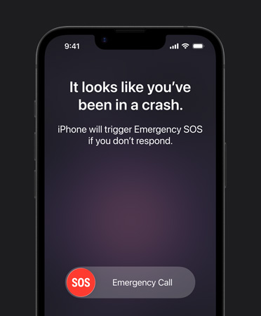 Vista frontal do iPhone 17e com a funcionalidade Deteção de acidente em utilização