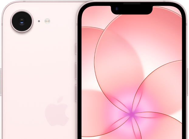 Vista frontal de un iPhone 17e en color rosado pálido, vista parcial de la parte trasera de un iPhone 17e que muestra la cámara
