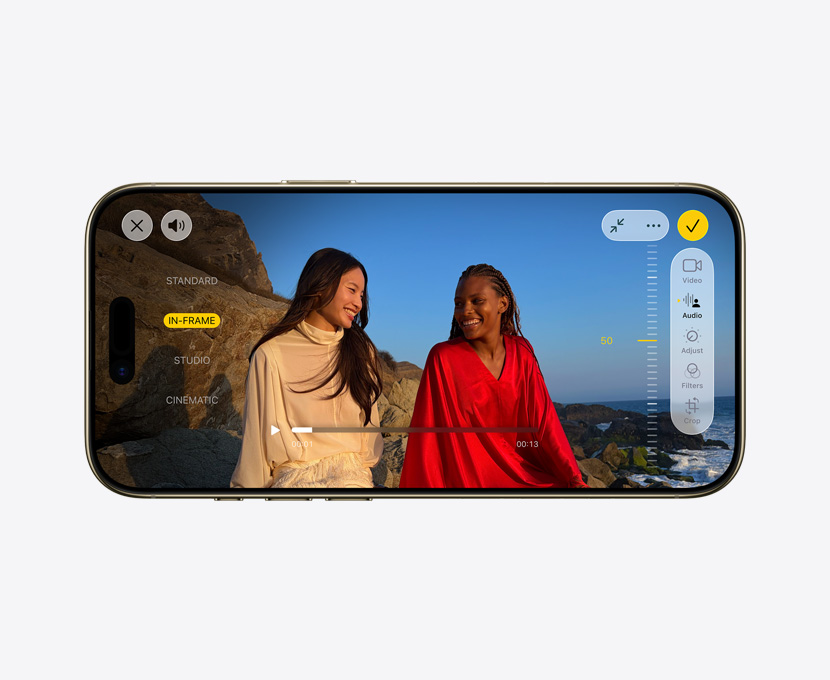 iPhone Air, преден екстериор, Про видео с активна функция Audio Mix