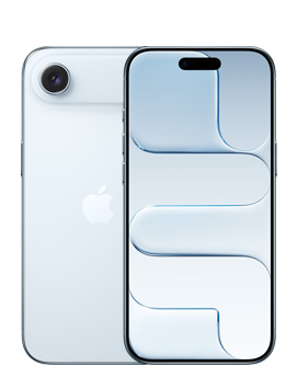 iPhone Air, заден екстериор, небесносин цвят, Fusion система камери в плато, центрирано лого на Apple, преден екстериор, небесносин цвят, Dynamic Island, центриран в горната част