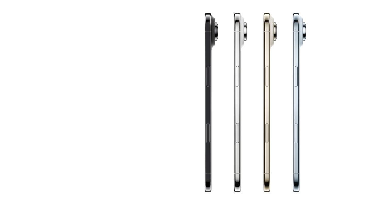 Четири iPhone Air плаващи нагоре, изглед отстрани, цветове: небесносин, светлозлатист, бял облак и астро черно, много тънък профил, Fusion система камери, бутони: страничен, Управление на камерата
