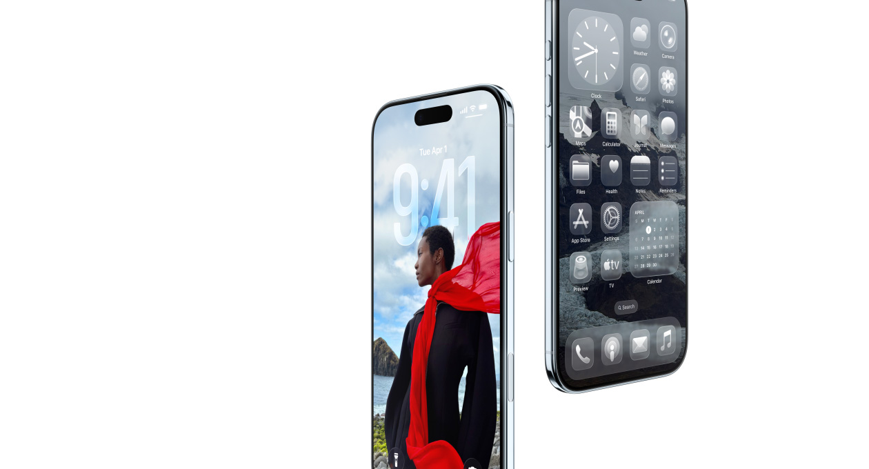 Две устройства iPhone Air се въртят, преден екстериор, изглед отстрани, тънък профил, динамични Lock Screen, Home Screen с Liquid Glass приложения