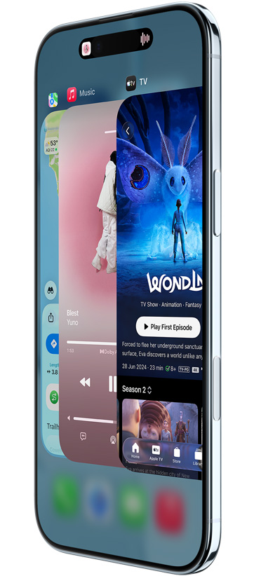 iPhone Air, преден екстериор, страничен изглед, с Maps, Music и Apple TV приложенията за демо на функцията App Switcher