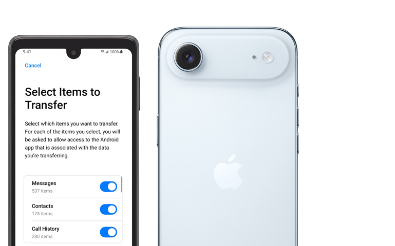 Egy androidos telefon, melynek kijelzőjén a Váltás iOS-re app látható, mellette egy iPhone Air hátulnézetből, felül a Fusion kamerarendszer kiemelkedő házával és a vakuval