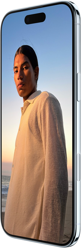 iPhone Air, face avant, côté, design tout écran, Dynamic Island au sommet, bouton latéral, bouton Commande de la caméra