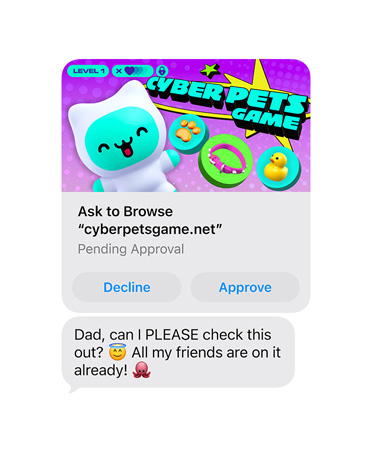 Screen showing text message with cyberpetsgame.net screengrab, Decline and Approve buttons under graphic, message text, Dad, can I please check this out, all my friends are on it already