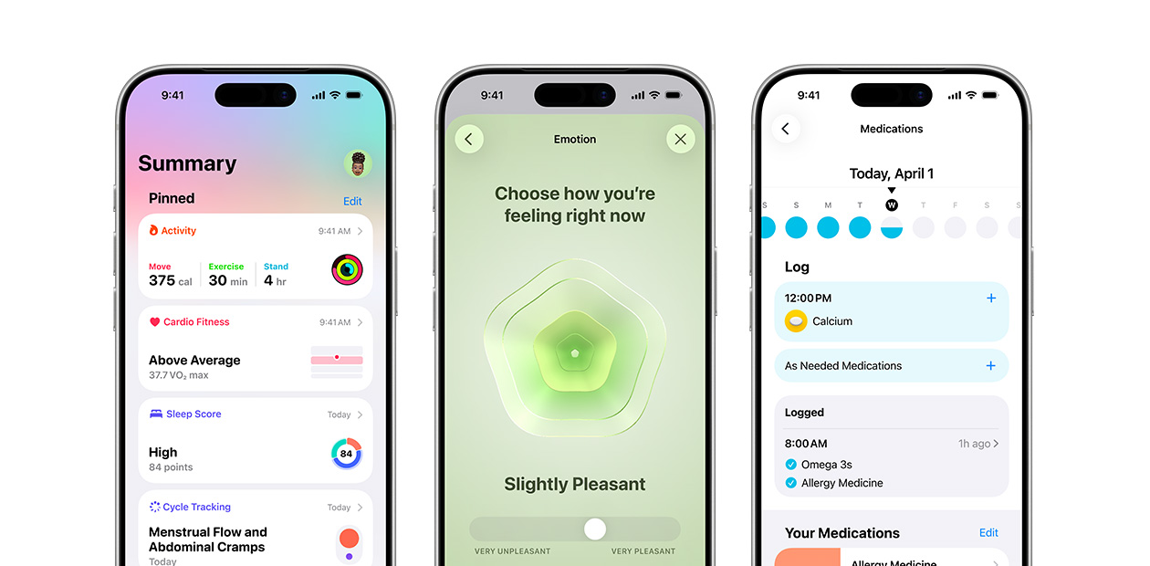 Ba chiếc iPhone hiển thị ứng dụng Sức Khỏe của Apple.
